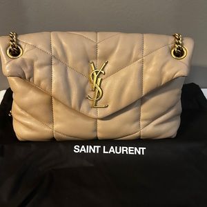 Saint Laurent Small Loulou Puffer Bag Beige Lambskin Leather Gold + Dust Bag